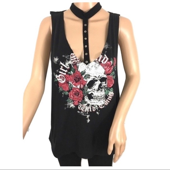 Rhapsody Tops - Skull Rose Rivet Choker Grunge Muscle Tank